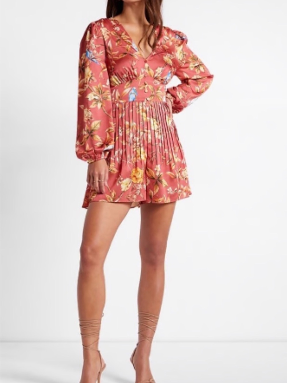 Express Coral Floral V-Neck Pleated romper
